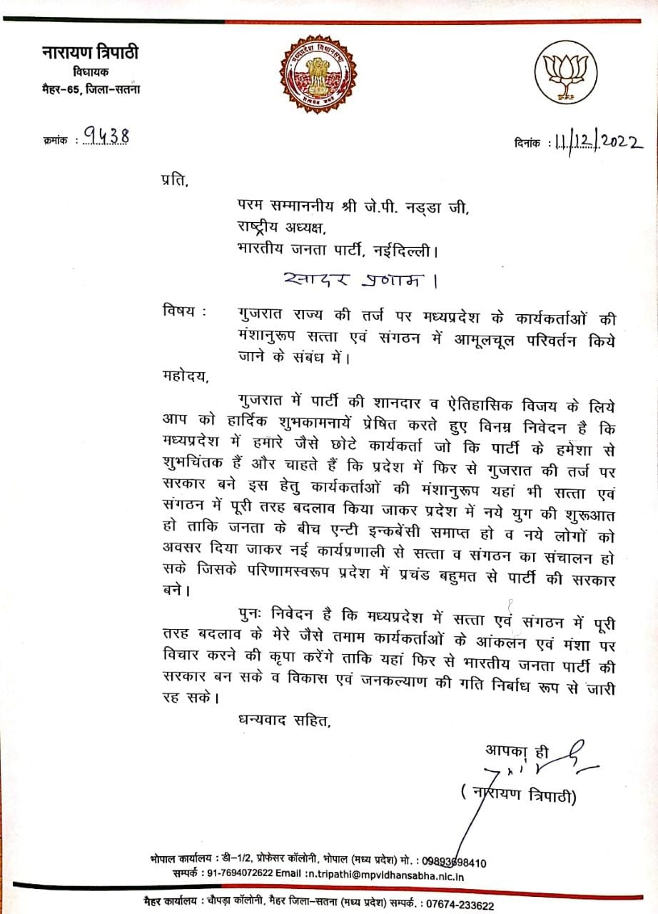 विधायक त्रिपाठी का राष्ट्रीय अध्यक्ष नड्डा को पत्र