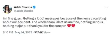 डेथ थ्रेट्स के बीच अदा शर्मा का एक्सीडेंट हुआ: