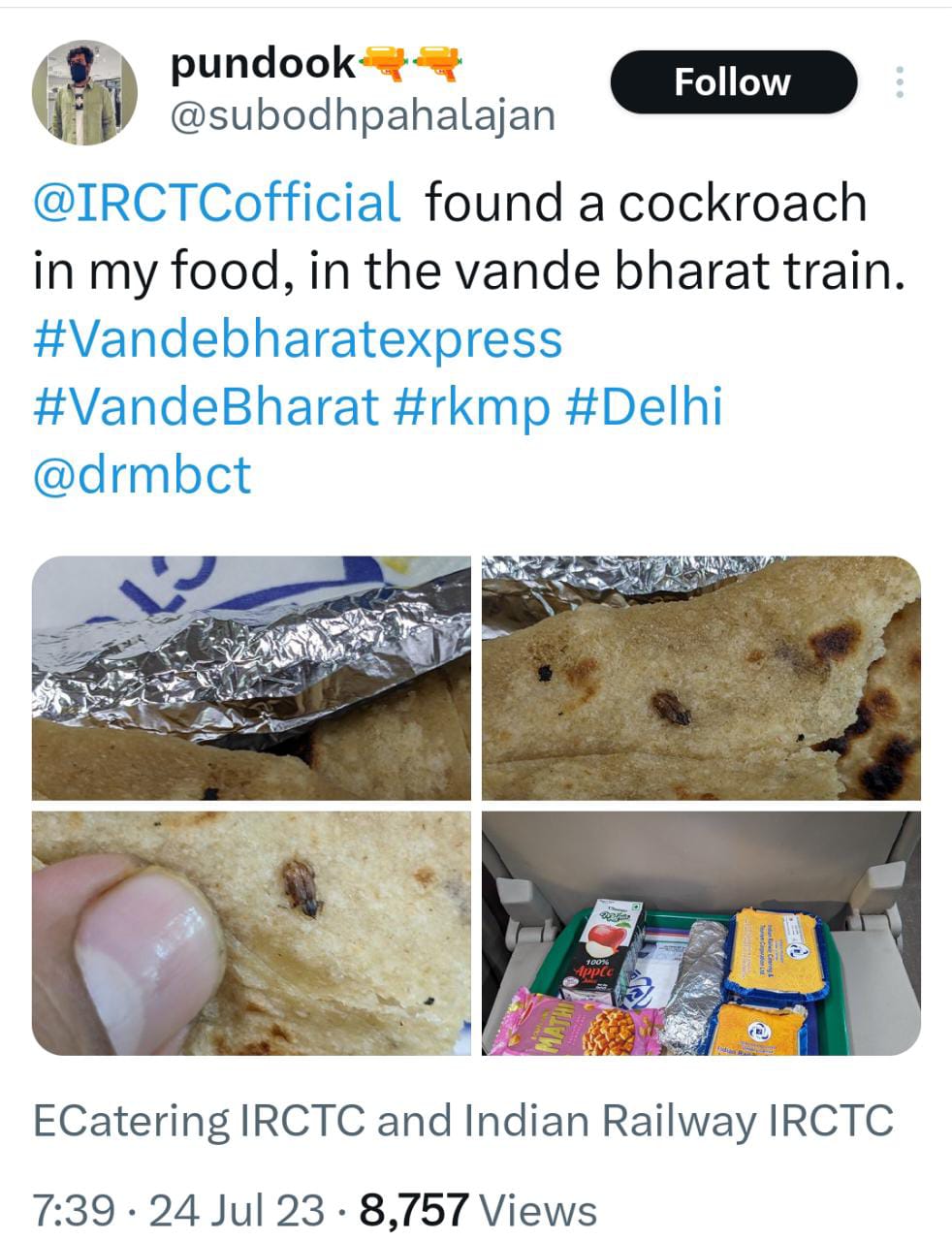 वंदे भारत एक्सप्रेस में यात्री को परोसे गए खाने में गड़बड़ी  